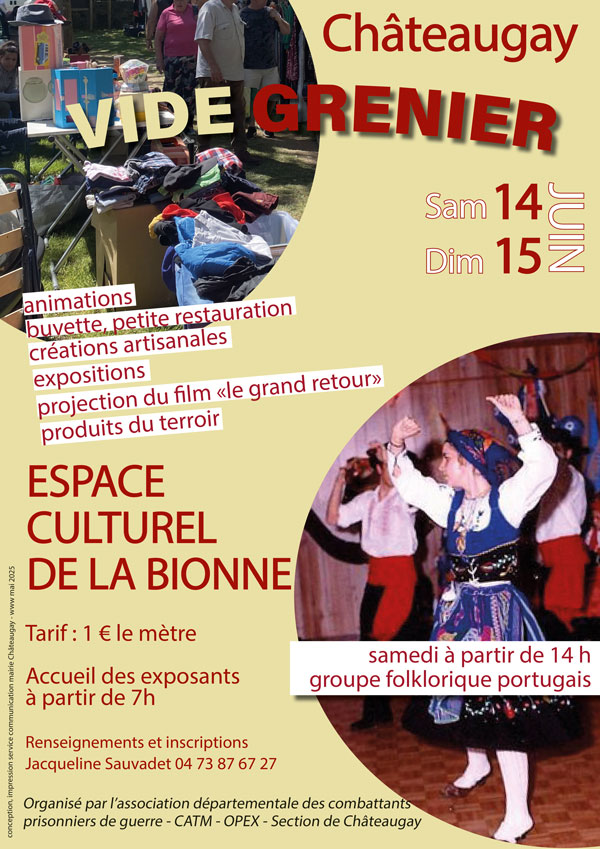 Vide grenier, brocante à l'espace culturel de la Bionne à Châteaugay, organisé par l'association des anciens combattants le week-end du 14 et 15 juin 2025.