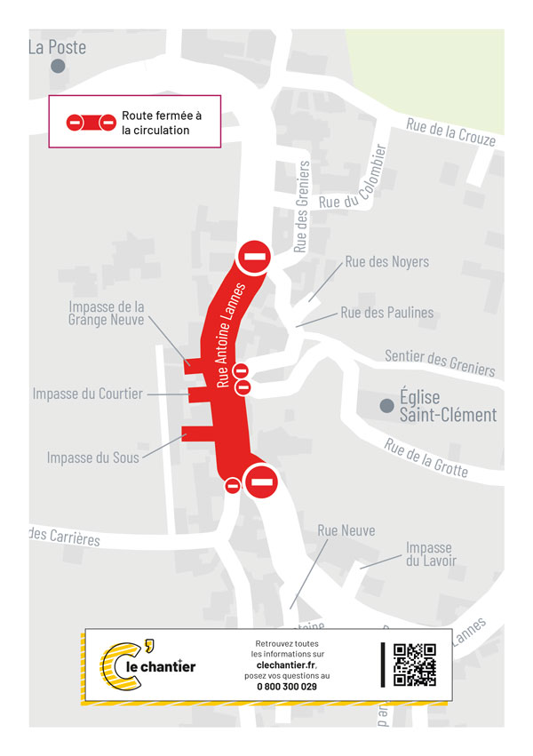 Travaux rue Antoine Lannes, 63119 Châteaugay, du 2 juin 2025 à mi-décembre 2025.