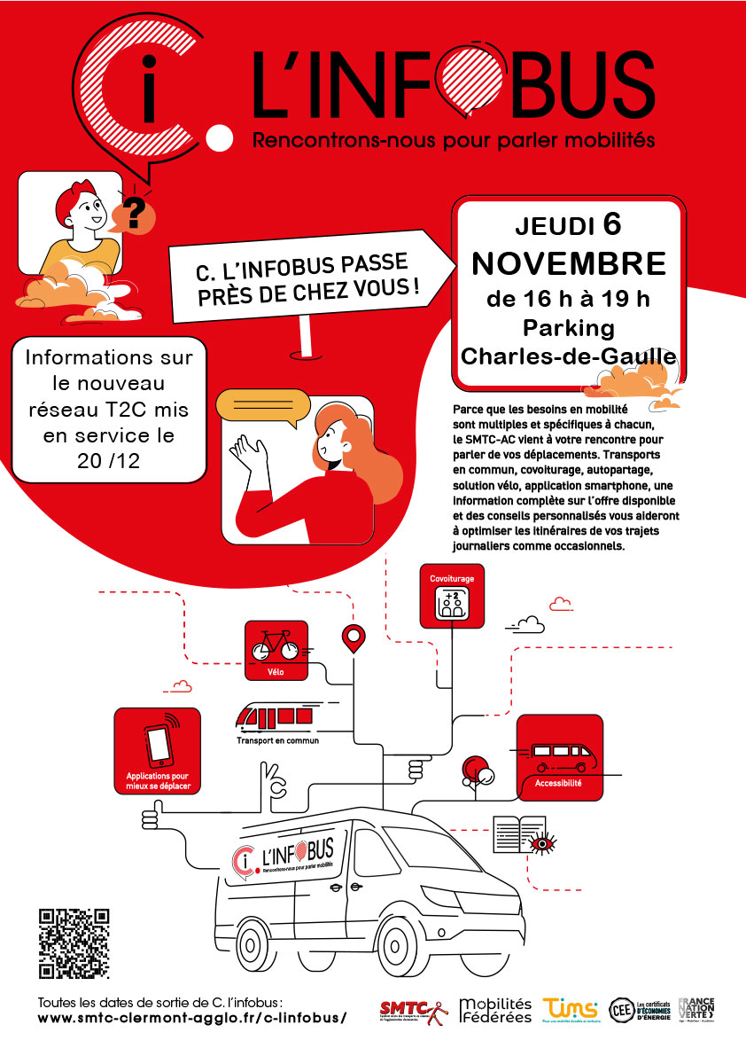 Infobus SMTC Clermont mobilités transports en commun - 6 novembre parking Charles-de-Gaulle - Nouveau réseau T2C 20 décembre - Conseil déplacements covoiturage vélo accessibilité applications smartphone