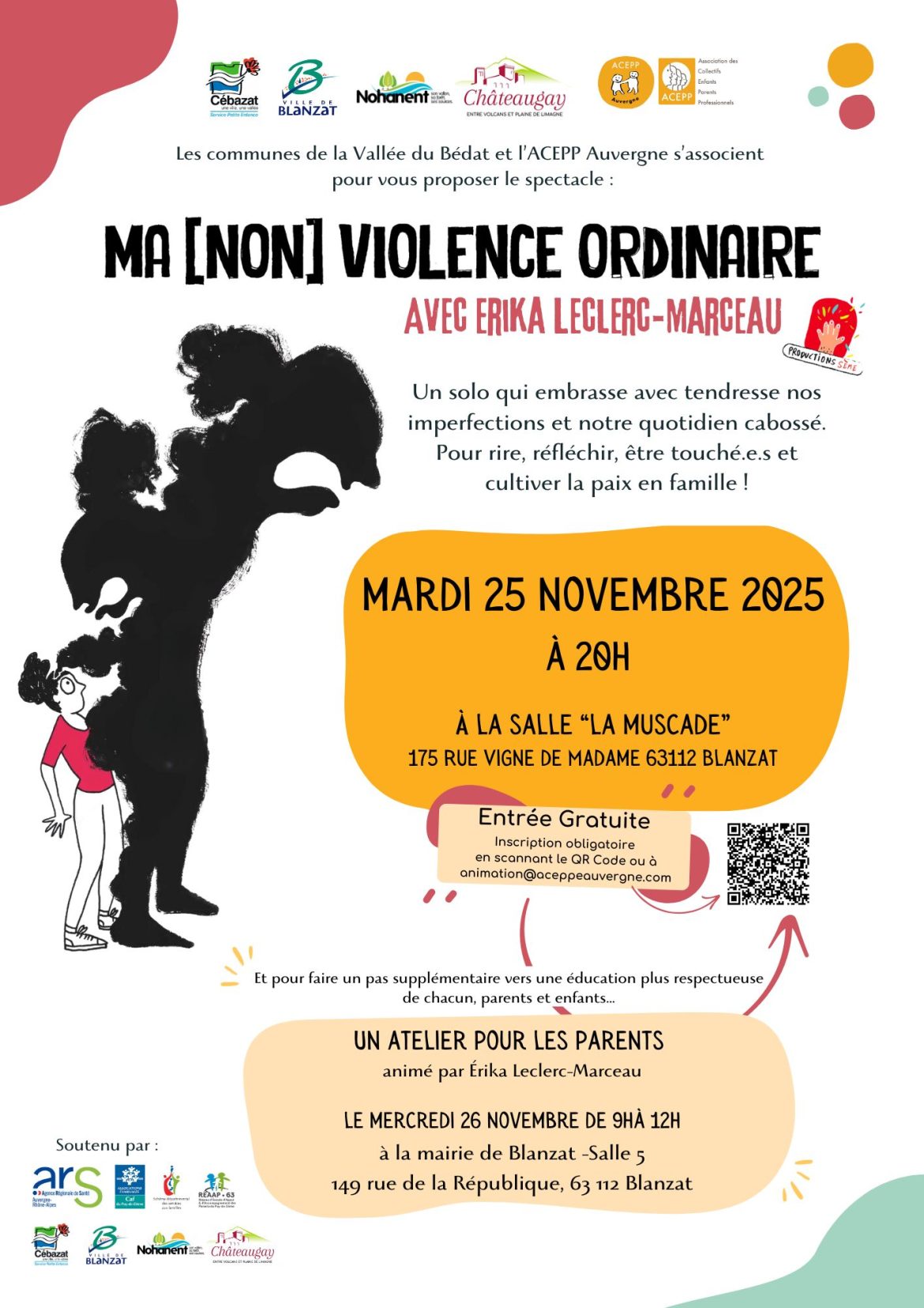 Affiche du spectacle Ma [non] violence ordinaire avec Erika Leclerc-Marceau. Illustration montrant une silhouette noire d'adulte en colère et une petite fille en rouge. Spectacle le mardi 25 novembre 2025 à 20h à la salle La Muscade, 175 rue Vigne de Madame à Blanzat. Entrée gratuite sur inscription. Atelier pour les parents le mercredi 26 novembre de 9h à 12h à la mairie de Blanzat."