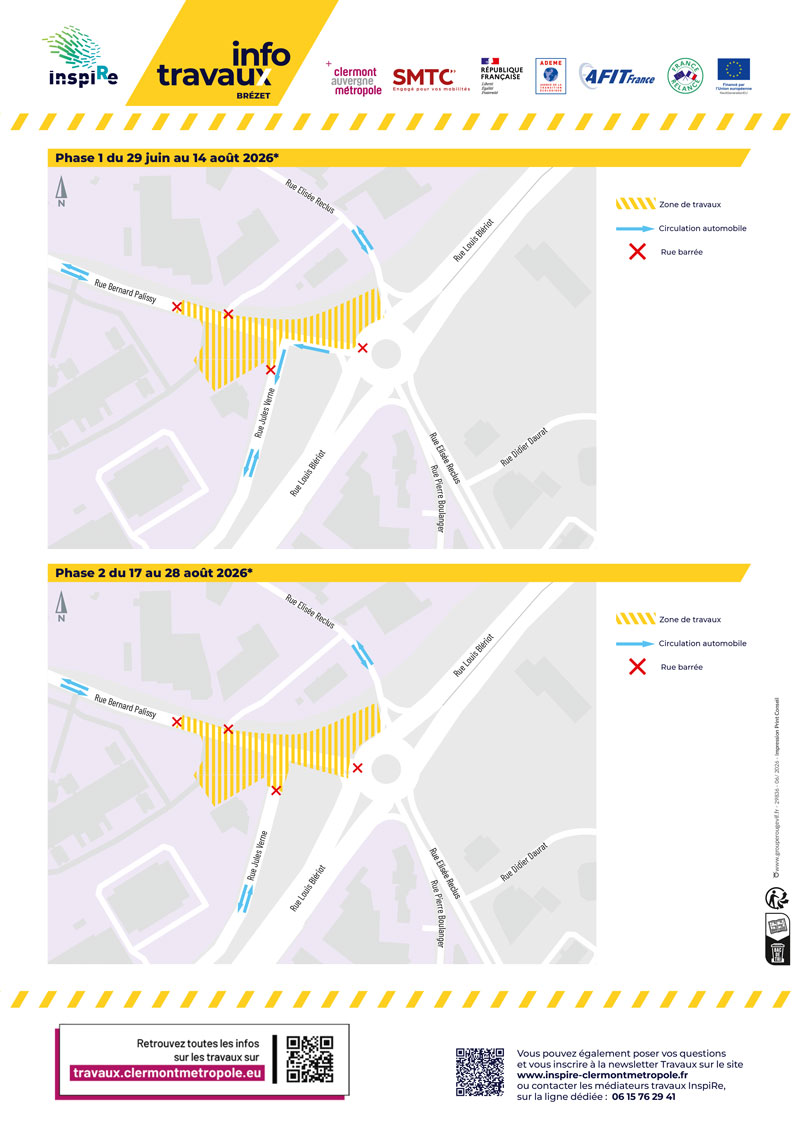 Travaux rues Gutenberg, Palissy et Jules Verne à Clermont-Ferrand, à compter du 29 juin 2026
